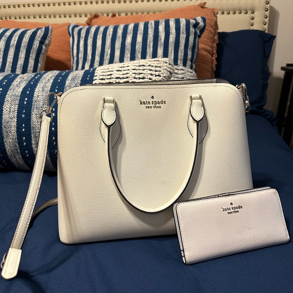 Kate Spade Darcy Large Satchel Purse and Matching Wallet in Parchment Off White